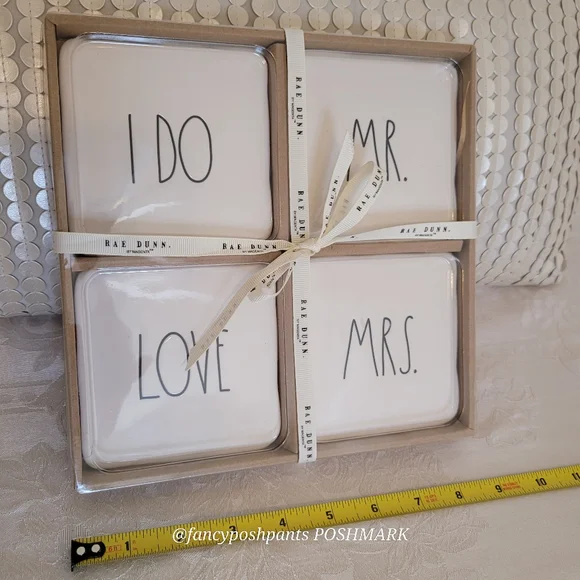 new!RAE DUNN white wedding engagement anniversary coaster 4 piece set sealed - Picture 5 of 12